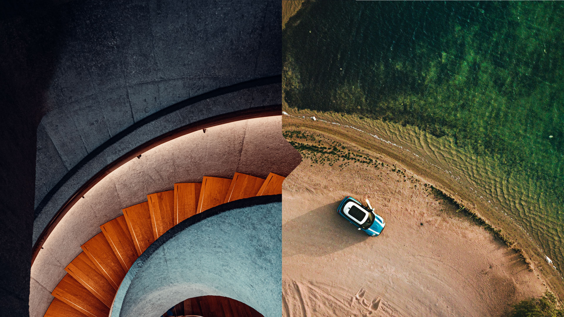 Stairs and aerial view of the car next to the lake