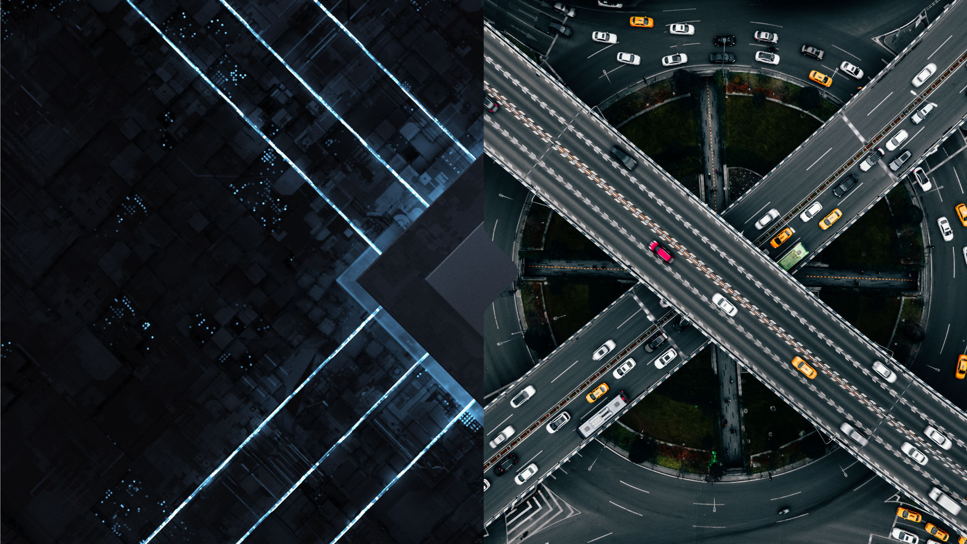 Abstract Tech and Aerial view of of Complex Overpass and Busy Traffic